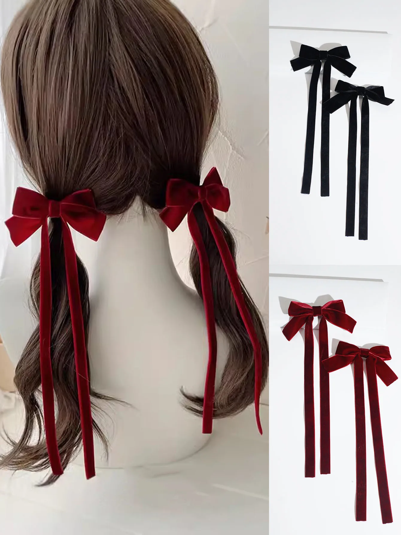 lot de 2 barrettes nœud en velours pinces à cheveux rubans longs