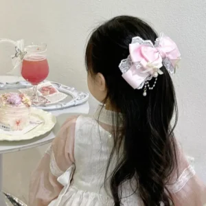 barrette nœud lolita kawaii satin, dentelle et perles