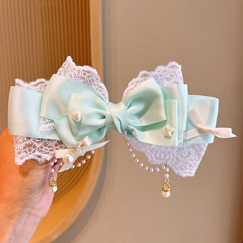 barrette nœud lolita kawaii satin, dentelle et perles