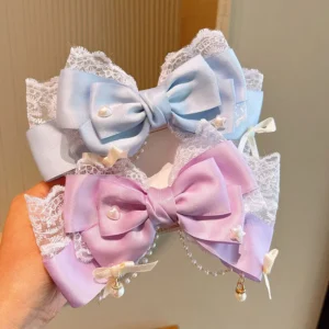 barrette nœud lolita kawaii satin, dentelle et perles
