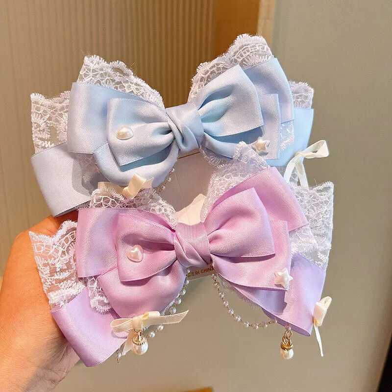 barrette nœud lolita kawaii satin, dentelle et perles