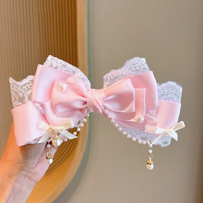 barrette nœud lolita kawaii satin, dentelle et perles