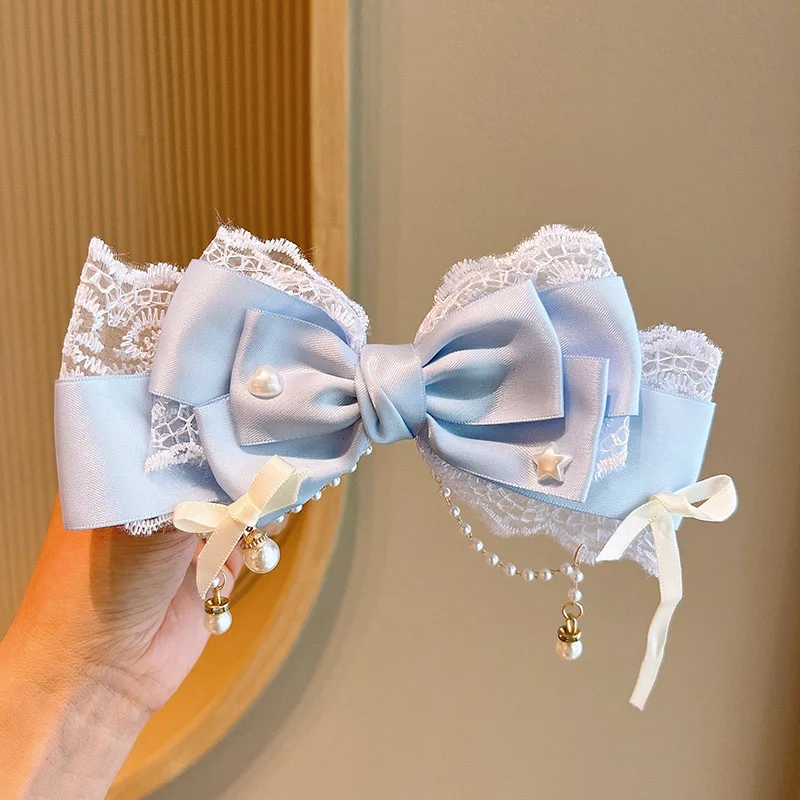 barrette nœud lolita kawaii satin, dentelle et perles