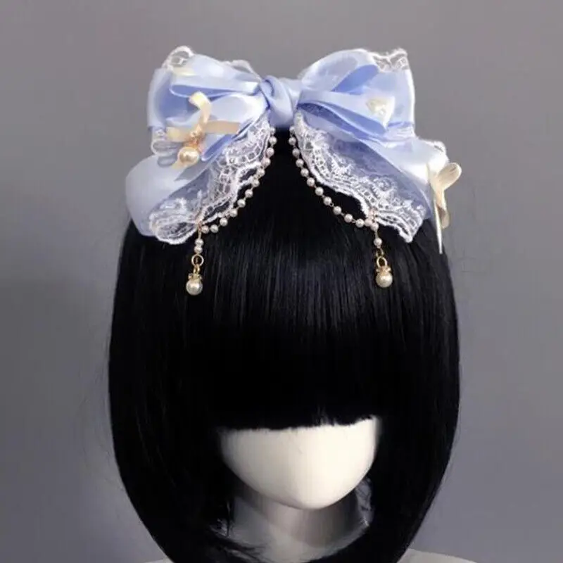 barrette nœud lolita kawaii satin, dentelle et perles
